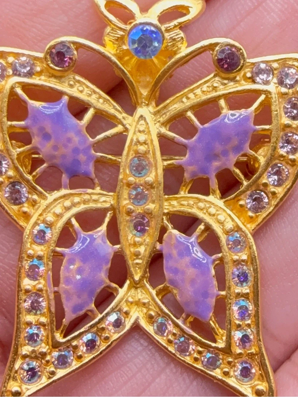 Vintage Kirks Folly Purple Butterfly Rhinestone Brooch Pendant Gold Tone